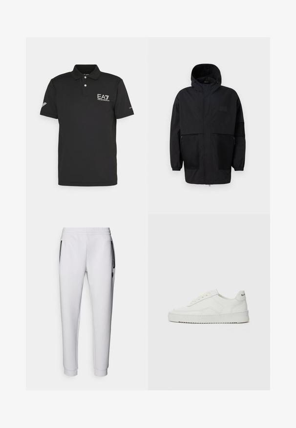 Čierna kapucňová bunda vyrobená z ľahkého materiálu, s priehľadnými panelmi, predným zipsom a elastickými manžetami pre nastaviteľné prispôsobenie.; Čierna polo košeľa z hladkej látky, s dvoma gombíkmi na zapínanie, logom EA7 na hrudi a odvetraným dizajnom na rukáve.; Biele tepláky s elastickým pásom, dvoma bočnými vreckami, čiernymi zipsovými akcentmi a rebrovanými manžetami na členkoch. Hladký povrch.; Biele kožené tenisky s hladkým povrchom, okrúly špičkový dizajn, ploché šnúrky a textúrovaná podrážka. Obsahujú jemné logo na päte.