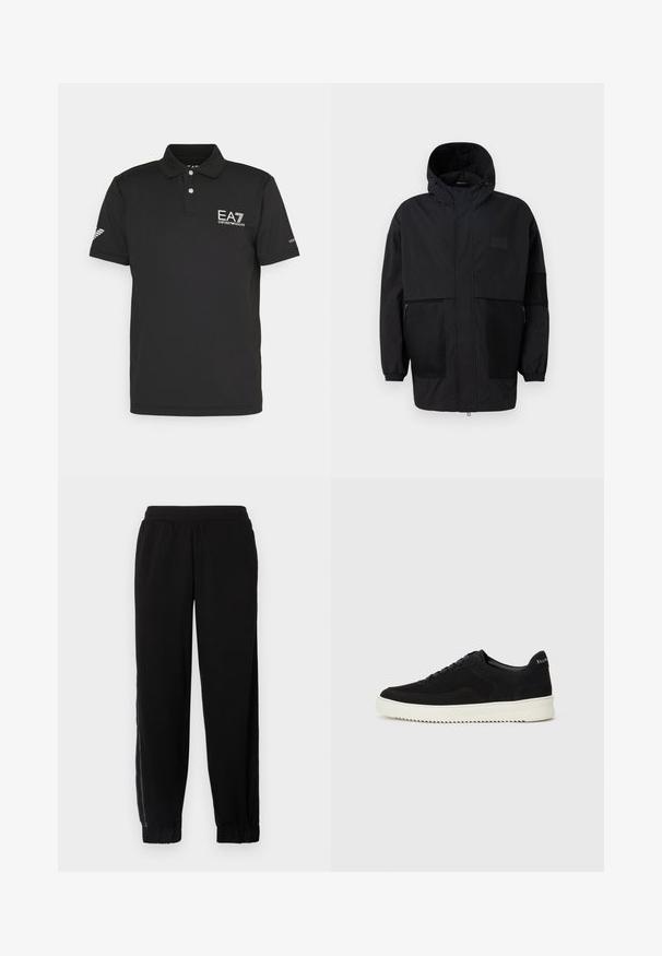 Svart hettejakke laget av lettvektig stoff, med mesh-paneler, en front glidelås og elastiske mansjetter for justerbar passform.; Svart polo-skjorte laget av glatt stoff, med en to-knapps placket, EA7-logo på brystet, og ventilerte detaljer på ermene.; Svarte joggebukser laget av myk tekstil, med elastisk midje, ribbede hem og sidelengs mesh-paneler for ekstra ventilasjon.; Svart semsket sneakers med snøring og kontrasterende hvit gummisåle. Har teksturerte sidepaneler og subtil merkevare på hælen.