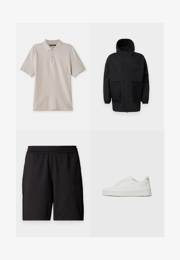 Black hooded jacket made from lightweight fabric, featuring mesh panels, a front zipper, and elastic cuffs for adjustable fit.; Beige polo shirt made of cotton, featuring a classic collar, short sleeves, and a subtle embroidered logo on the left chest.; Black athletic shorts made of lightweight fabric, featuring an elastic waistband and mesh side panels. Brand logo printed on front.; White leather sneaker with a smooth finish, round toe, flat laces, and a textured sole. Features a subtle logo on the heel.