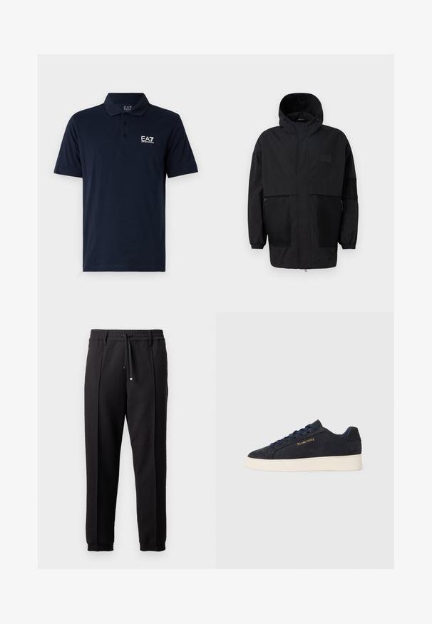 Čierna kapucňová bunda vyrobená z ľahkého materiálu, s priehľadnými panelmi, predným zipsom a elastickými manžetami pre nastaviteľné prispôsobenie.; Námornícky modrá polo košeľa vyrobená z bavlny, s golierom, krátkymi rukávmi a bielym logom EA7 na ľavej hrudi. Klasický strih.; Čierne nohavice s pásom, šnúrkou na stiahnutie a elastickými manžetami. Obsahujú pútkové prešitia a hladkú, textúrovanú látku.; Námornícky modré semišové nízke tenisky s bielou podrážkou, námorníckymi šnúrami a zlatým logom "Filling Pieces" na boku.