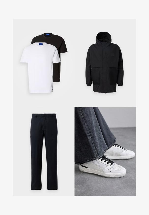 Jachetă neagră cu glugă, realizată dintr-un material ușor, având panouri din plasă, fermoar frontal și manșete elastice pentru o ajustare confortabilă.; Două tricouri stivuite: unul alb și unul negru. Mâneci scurte, gât rotund, din material din bumbac. Prezintă un mic logo albastru la gât.; Pantaloni negri cu picior drept, confecționați dintr-un material neted. Dispun de un închidere cu un singur nasture și brâuri pentru curea, fără modele sau accente vizibile.; Adidași albi cu șireturi negre și detalii din plasă. Au un exterior din piele netedă și o talpă din cauciuc texturată. Împreună cu blugi gri cu croială largă.