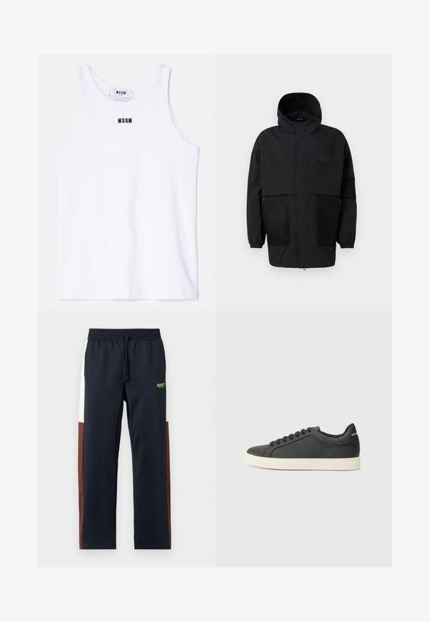 Melnā kapučjaka, kas izgatavota no viegla auduma, ar acs paneļiem, priekšējo rāvējslēdzēju un elastīgām aprocēm, kas nodrošina regulējamu piegulšanu.; Balts kokvilnas bezpiedurkņu tops ar ribota tekstūra, uz krūtīm centrā izšūta melna logo "MSGM". Vienkāršs, tīrs dizains.; Tumši zils sporta bikses ar baltām un brūnām sānu svītrām, elastīgu jostu, auklu un zaļu logotipu pie gurniem. Mīksts, gluds materiāls.; Melna ādas kedas ar zemu profilu, noapaļotu purngalu un savelkamu aizdari; ar teksturētu gumijas zoli un logotipa detaļu uz papēža.