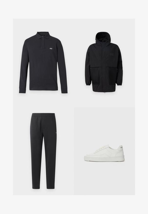 Musta huppari, joka on valmistettu kevyestä kankaasta, sisältäen verkkopaneeleja, etuvetoketjun ja joustavat hihansuut säädettävää istuvuutta varten.; Musta pitkähiha polo-paita, jossa on kaulus ja nappilista, ja vasemmassa rinnassa valkoinen "A|X"-logo.; Mustat verkkarit, jotka on valmistettu pehmeästä kankaasta. Niissä on joustava vyötärö, suorat lahkeet ja pieni logo-yksityiskohta sivulla.; Valkoinen nahkakenkä, jossa on sileä pinta, pyöreä kärki, tasaiset nauhat ja teksturoitu pohja. Sisältää huomaamattoman logon kantapäässä.