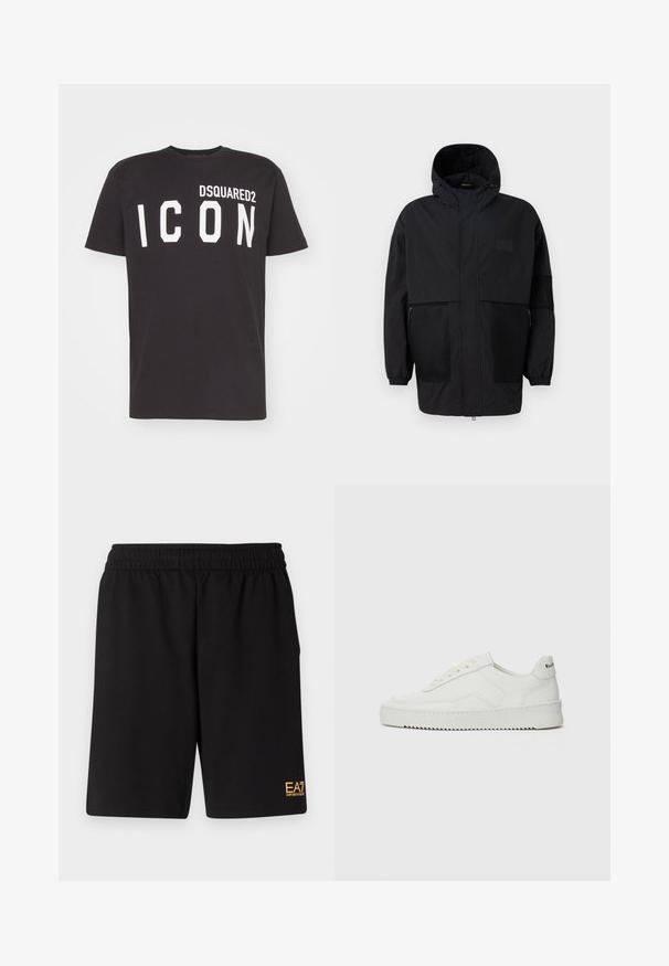 Černá kapucňová bunda vyrobená z lehké tkaniny, s síťovinovými panely, předním zipem a elastickými manžetami pro nastavitelné přizpůsobení.; Černé bavlněné tričko s kulatým výstřihem a krátkými rukávy, na přední straně s potiskem "DSQUARED2 ICON" v tučných bílých písmenech.; Černé sportovní šortky vyrobené z měkké látky, s elastickým pasem a malým žlutým logem EA7 na dolní části levé nohy.; Bílé kožené tenisky s hladkým povrchem, kulatou špičkou, plochými tkaničkami a texturovanou podrážkou. Na patě se nachází nenápadné logo.