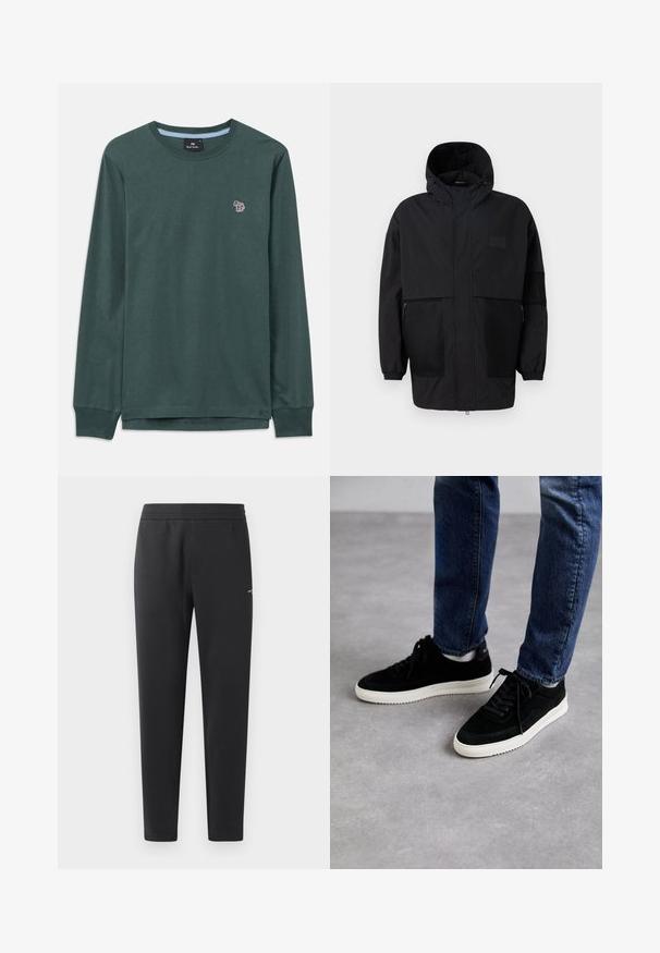 Black hooded jacket made from lightweight fabric, featuring mesh panels, a front zipper, and elastic cuffs for adjustable fit.; Long-sleeve dark green crew neck shirt with a small multicolored zebra logo on the left chest and ribbed cuffs.; Black jogger pants made of soft fabric, featuring an elastic waistband, straight legs, and a single small logo detail on the side.; Black suede sneakers with a white rubber sole, featuring a classic low-top design, rounded toe, and flat black laces.