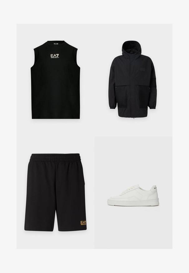 Czarna kurtka z kapturem, wykonana z lekkiego materiału, z siateczkowymi panelami, z zamek błyskawicznym z przodu oraz elastycznymi mankietami dla regulowanego dopasowania.; Czarna koszulka bez rękawów wykonana z bawełny, z okrągłym dekoltem i haftowanym złotym logo EA7 na przodzie. Gładka faktura.; Czarne sportowe szorty wykonane z miękkiego materiału, z elastycznym paskiem w talii oraz małym, żółtym logo EA7 na dolnej lewej nodze.; Białe skórzane sneakersy o gładkim wykończeniu, okrągłym nosku, płaskich sznurówkach i teksturowanej podeszwie. Charakteryzują się delikatnym logo na pięcie.