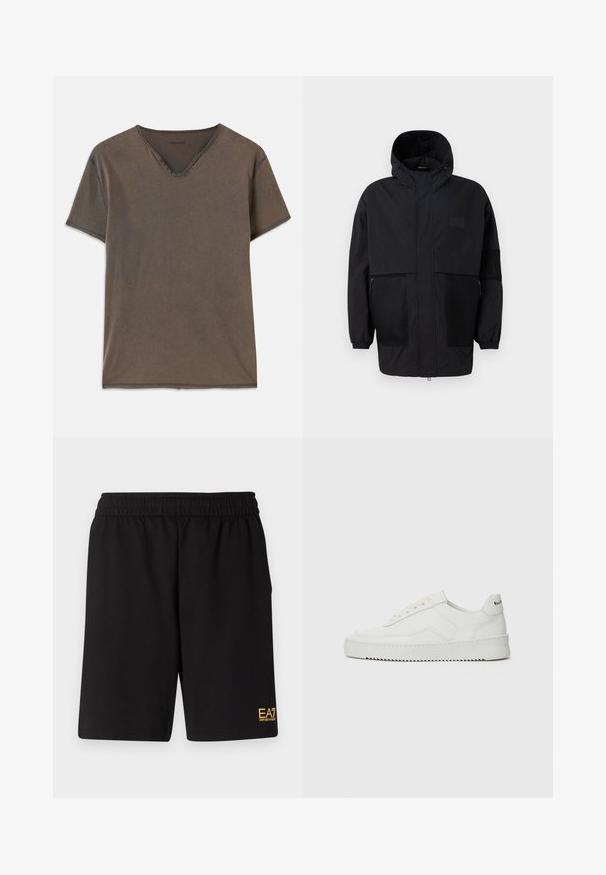 Black hooded jacket made from lightweight fabric, featuring mesh panels, a front zipper, and elastic cuffs for adjustable fit.; Brown short-sleeve T-shirt with a V-neck, four decorative buttons near the neck, and contrasting stitching along the edges.; Black athletic shorts made of soft fabric,Featuring an elastic waistband and a small yellow EA7 logo on the lower left leg.; White leather sneaker with a smooth finish, round toe, flat laces, and a textured sole. Features a subtle logo on the heel.