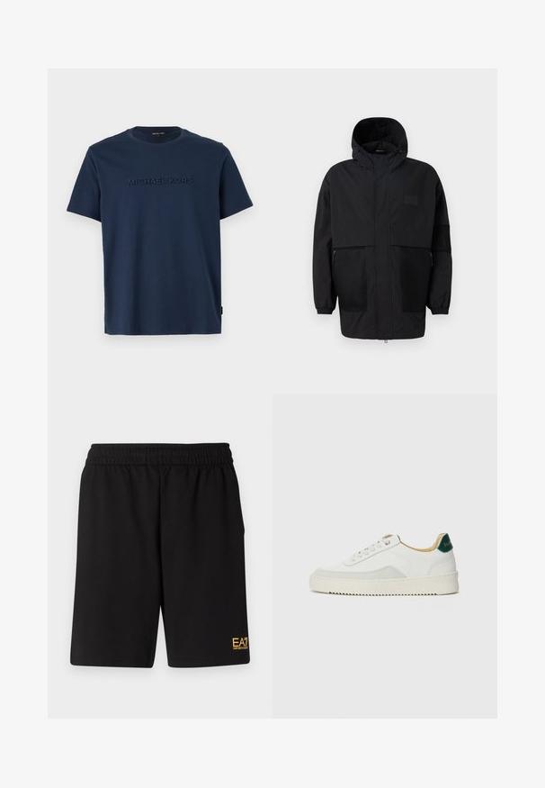 Černá kapucňová bunda vyrobená z lehké tkaniny, s síťovinovými panely, předním zipem a elastickými manžetami pro nastavitelné přizpůsobení.; Námořnická modrá bavlněná tričko s krátkými rukávy a kulatým výstřihem; na přední straně je umístěno vyvýšené logo "MICHAEL KORS".; Černé sportovní šortky vyrobené z měkké látky, s elastickým pasem a malým žlutým logem EA7 na dolní části levé nohy.; Bílé tenisky se semišovými prvky, kulatou špičkou, plochými tkaničkami a krémovou gumovou podrážkou. Na patě mají zelené logo.