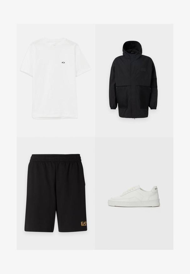 Črna kapuča jakna iz lahkega materiala, ki ima mrežaste panele, sprednje zadrgo in elastične manšete za prilagodljiv fit.; Bela bombažna majica s kratkimi rokavi in okroglo ovratnikom, ki ima majhen črn logotip na levi prsni strani. Gladka tekstura, osnovna oblika.; Črne športne kratke hlače iz mehkega blaga, z elastičnim pasom in majhnim rumenim logotipom EA7 na spodnjem levem delu noge.; Bela usnjena športna obutev z gladko površino, okroglo prst, ravne vezalke in teksturiran podplat. Ima diskretno logo na peti.