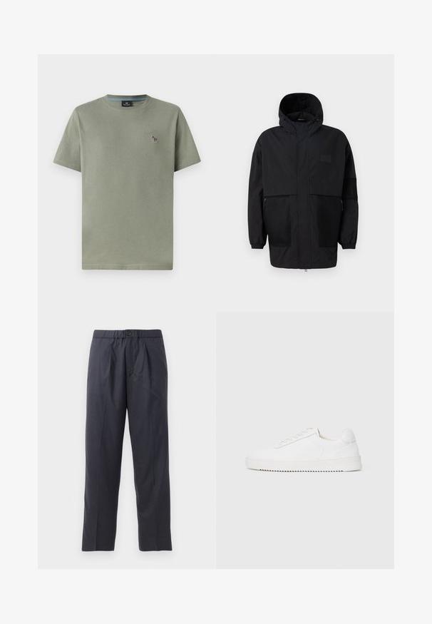 Musthave musta kapuutsiga jakk, mis on valmistatud kergest kangast, koos võrgupaneelide, ees oleva tõmbluku ja elastsete mansettidega kohandatava sobivuse jaoks.; Olive rohelise värvi puuvillane T-särk ümmarguse kaelusega, lühikeste varrukatega ja väikese tikandi kujundusega vasakul rinnal. Sile tekstuur, mugav lõige.; Tumed sinised püksid pehmest kangast, mille esiosal on volditud disain ja elastne vöökoht. Varustatud nupuga sulgemisega ja sirge lõikega.; Valge jooksutoss, millel on siledast nahast ülemine osa, ümmargune nina, paelad, tekstuuriga küljeaktsendid ja paks kummitald. Minimalistlik disain.