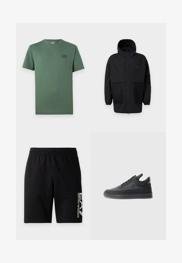 Jachetă neagră cu glugă, realizată dintr-un material ușor, având panouri din plasă, fermoar frontal și manșete elastice pentru o ajustare confortabilă.; Tricou verde din bumbac, cu gât rotund și mâneci scurte, având un mic logo negru în zona pieptului stâng. Textură netedă, croială casual.; EA7 Emporio Armani TRAIN VISIBILITY - Pantaloni scurți - black/cream; Pantofi sport din piele neagră cu o suprafață texturată, design cu sireturi, cu glezna joasă și o talpă din cauciuc gri cu margine zimțată.