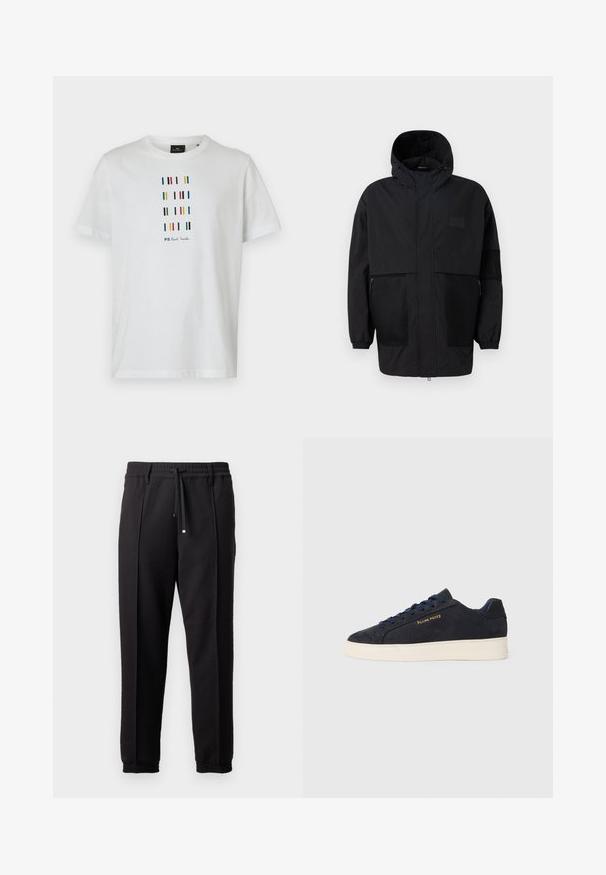 Czarna kurtka z kapturem, wykonana z lekkiego materiału, z siateczkowymi panelami, z zamek błyskawicznym z przodu oraz elastycznymi mankietami dla regulowanego dopasowania.; Biała bawełniana koszulka T-shirt z pionowymi, wielokolorowymi paskami oraz czarnym napisem "PS Paul Smith", okrągły dekolt, krótki rękaw.; Czarne spodnie z pasem, sznurkiem do regulacji i elastycznymi mankietami. Posiadają kanty oraz gładki, teksturowany materiał.; Granatowe zamszowe sneakersy niskie z białą podeszwą, granatowymi sznurówkami i logo "Filling Pieces" w złotym kolorze na boku.