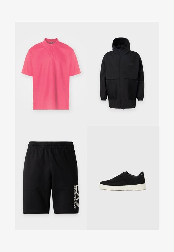 Schwarze Kapuzenjacke aus leichtem Stoff, mit Netzpaneelen, einem Frontreißverschluss und elastischen Bündchen für eine verstellbare Passform.; Polohemd mit kurzen Ärmeln in leuchtendem Pink. Hergestellt aus glatter Baumwolle mit klassischem Kragen, zwei-Knopf-Leiste und dezentem Logo auf der Brust.; EA7 Emporio Armani TRAIN VISIBILITY - Shorts - black/cream; Schwarze Wildleder-Sneaker mit Schnürdesign und kontrastierender weißer Gummisohle. Verfügt über strukturierte Seitenpaneele und dezentes Branding an der Ferse.