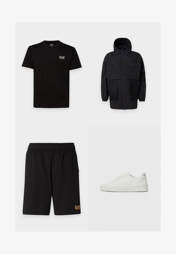 Black hooded jacket made from lightweight fabric, featuring mesh panels, a front zipper, and elastic cuffs for adjustable fit.; Black cotton t-shirt with crew neckline, short sleeves, and small white EA7 logo on the left chest. Smooth texture and regular fit.; Black athletic shorts made of soft fabric,Featuring an elastic waistband and a small yellow EA7 logo on the lower left leg.; White leather sneaker with a smooth finish, round toe, flat laces, and a textured sole. Features a subtle logo on the heel.