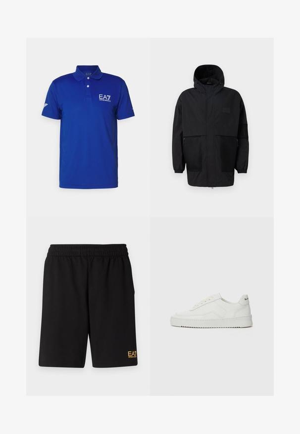 Fekete kapucnis dzseki, könnyű anyagból készült, hálós panelek, elülső cipzár és állítható illeszkedést biztosító rugalmas mandzsetták jellemzik.; Kék póló, lélegző anyagból készült, gallérral, három gombbal és az EA7 logóval a mellrészen. Rövid ujjú, finom márkajelzéssel.; Fekete sportnadrág puha anyagból, rugalmas derékkal és egy kis sárga EA7 logóval a bal alsó lábszáron.; Fehér bőr sportcipő sima felülettel, kerek orral, lapos fűzőkkel és texturált talppal. Finom logó található a sarokon.