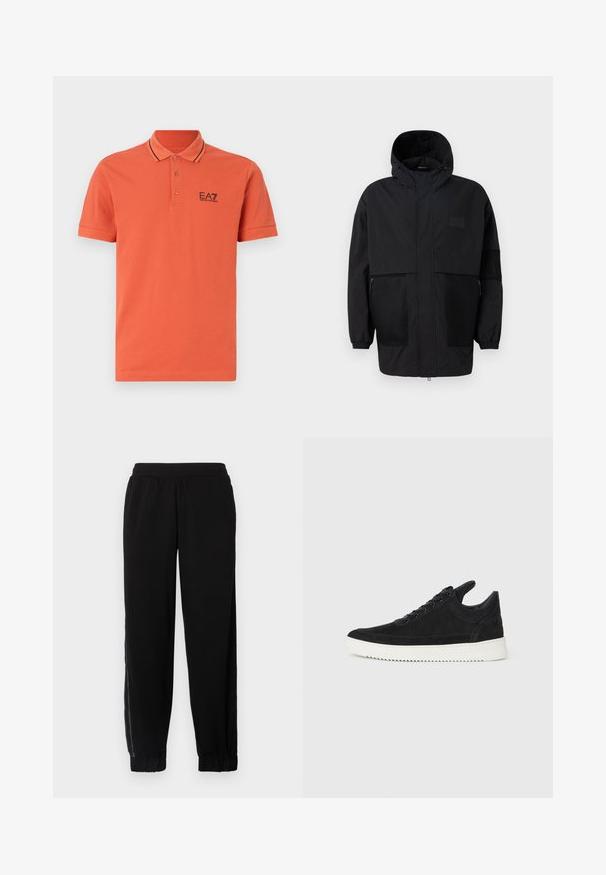 Černá kapucňová bunda vyrobená z lehké tkaniny, s síťovinovými panely, předním zipem a elastickými manžetami pro nastavitelné přizpůsobení.; EA7 Emporio Armani TRAIN CORE - Polotričko - ginger spice; Černé joggingové kalhoty vyrobené z měkké tkaniny, s elastickým pasem, manžetami na nohavicích a bočními síťovinami pro lepší ventilaci.; Černé semišové tenisky s bílou gumovou podrážkou, s tónovým prošitím a šněrováním. Hladký povrch s moderním, aerodynamickým tvarem.