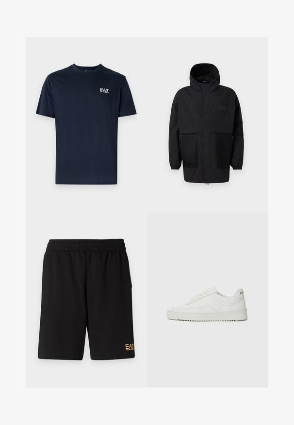 Černá kapucňová bunda vyrobená z lehké tkaniny, s síťovinovými panely, předním zipem a elastickými manžetami pro nastavitelné přizpůsobení.; Námořnická modrá bavlněná tričko s krátkými rukávy, kulatým výstřihem a logem EA7 na horní levé straně v bílé barvě. Hladká textura, ležérní design.; Černé sportovní šortky vyrobené z měkké látky, s elastickým pasem a malým žlutým logem EA7 na dolní části levé nohy.; Bílé kožené tenisky s hladkým povrchem, kulatou špičkou, plochými tkaničkami a texturovanou podrážkou. Na patě se nachází nenápadné logo.