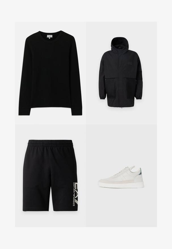Chaqueta negra con capucha hecha de un tejido ligero, con paneles de malla, cremallera frontal y puños elásticos para un ajuste ajustable.; Camisa de punto de canalé negra de manga larga con cuello redondo, etiquetada como Paul & Joe Paris, tamaño mediano, exhibida sobre un fondo blanco.; EA7 Emporio Armani TRAIN VISIBILITY - Shorts - black/cream; Zapatillas de cuero blancas con acentos de ante gris, diseño con cordones, asa de tirón y suela de goma texturizada con un patrón en zigzag.