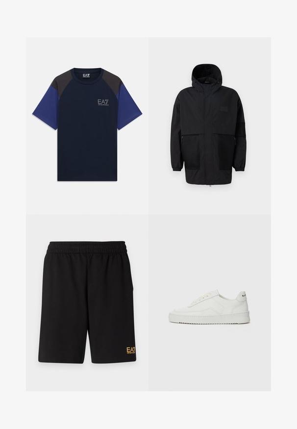 Juodas gobtuvu džemperis, pagamintas iš lengvo audinio, turi tinklinės juosteles, priekinį užtrauktuką ir elastingus rankogalius, leidžiančius pritaikyti dydį.; Jūros mėlynumo marškinėliai su juodais peties intarpais ir mėlynomis rankovėmis, ant kairės krūtinės esančiu EA7 Emporio Armani logotipu.; Juoda sportinė šortai, pagaminti iš minkštos medžiagos, su elastingu diržu ir maža geltona EA7 logo apatinėje kairėje kojoje.; Balti odiniai sportiniai bateliai su lygia apdaila, apvaliu pirštu, plokščiais raišteliais ir tekstūruotu padu. Pasižymi subtiliu logotipu ant kulno.