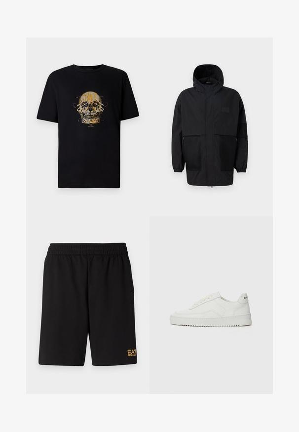 Juodas gobtuvu džemperis, pagamintas iš lengvo audinio, turi tinklinės juosteles, priekinį užtrauktuką ir elastingus rankogalius, leidžiančius pritaikyti dydį.; Juodas medvilninis marškinėlis, kuriame yra auksinės ir raudonos spalvos kaukolės grafika su sudėtingais raštais ir klasikiniu apvaliu iškirpimu.; Juoda sportinė šortai, pagaminti iš minkštos medžiagos, su elastingu diržu ir maža geltona EA7 logo apatinėje kairėje kojoje.; Balti odiniai sportiniai bateliai su lygia apdaila, apvaliu pirštu, plokščiais raišteliais ir tekstūruotu padu. Pasižymi subtiliu logotipu ant kulno.