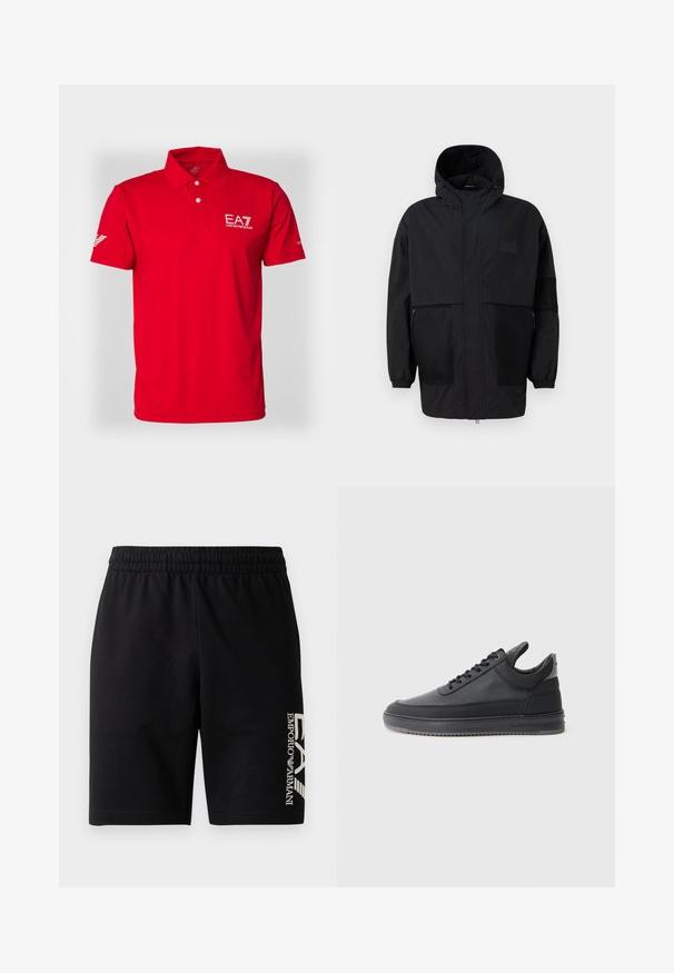 Svart hettejakke laget av lettvektig stoff, med mesh-paneler, en front glidelås og elastiske mansjetter for justerbar passform.; Rød polo skjorte laget av glatt stoff, med krage med to knapper, korte ermer og EA7-logo på brystet og ermet.; EA7 Emporio Armani TRAIN VISIBILITY  - Shorts - black/cream;  svarte lær sneakers med en teksturert overflate, snøring, lav topp, og en grå gummi såle med en ribbet kant.