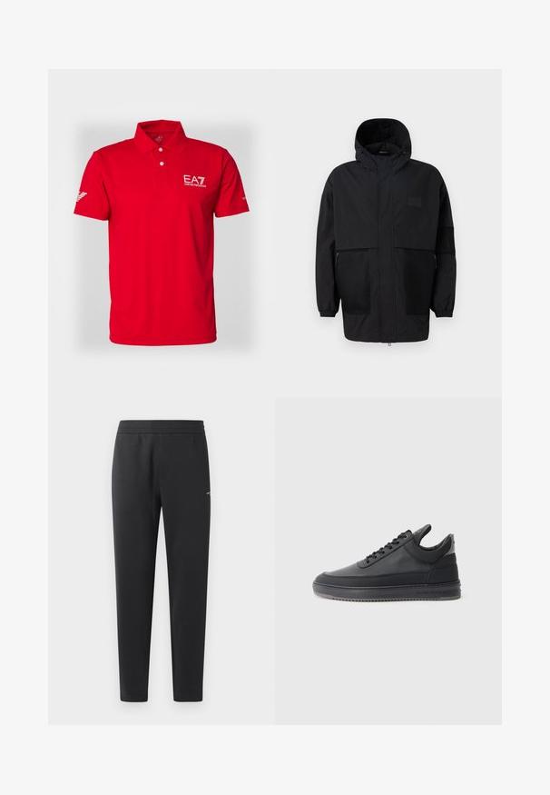 Musthave musta kapuutsiga jakk, mis on valmistatud kergest kangast, koos võrgupaneelide, ees oleva tõmbluku ja elastsete mansettidega kohandatava sobivuse jaoks.; Punane polo särk, mis on valmistatud siledast kangast, kahe nupuga krae, lühikesed varrukad ja EA7 logo rinnal ning varrukal.; Mustad jogger pants pehmest kangast, millel on elastne vöökoht, sirged sääred ja üks väike logodetail küljel.; Mustad nahkkingad tekstuurse pinnaga, kinnitatavad paeltega, madala varbaga ning hall kummitald, millel on sooneline äär.