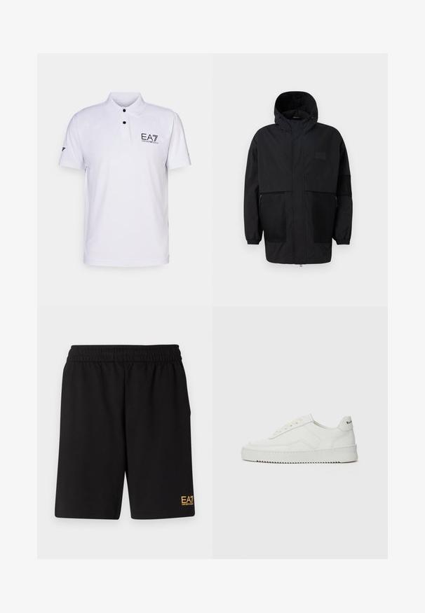 Černá kapucňová bunda vyrobená z lehké tkaniny, s síťovinovými panely, předním zipem a elastickými manžetami pro nastavitelné přizpůsobení.; Bílá polo košile vyrobená z texturované látky, s dvoubarevným zapínáním na knoflíky, černým logem EA7 na hrudi a krátkými rukávy s akcentovaným detailem.; Černé sportovní šortky vyrobené z měkké látky, s elastickým pasem a malým žlutým logem EA7 na dolní části levé nohy.; Bílé kožené tenisky s hladkým povrchem, kulatou špičkou, plochými tkaničkami a texturovanou podrážkou. Na patě se nachází nenápadné logo.