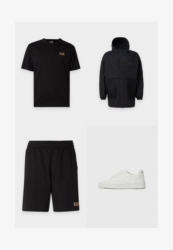 Černá kapucňová bunda vyrobená z lehké tkaniny, s síťovinovými panely, předním zipem a elastickými manžetami pro nastavitelné přizpůsobení.; Černé bavlněné tričko s krátkými rukávy, zdobené malým žlutým vyšitým logem na levé části hrudi. Klasický design s kulatým výstřihem.; Černé sportovní šortky vyrobené z měkké látky, s elastickým pasem a malým žlutým logem EA7 na dolní části levé nohy.; Bílé kožené tenisky s hladkým povrchem, kulatou špičkou, plochými tkaničkami a texturovanou podrážkou. Na patě se nachází nenápadné logo.
