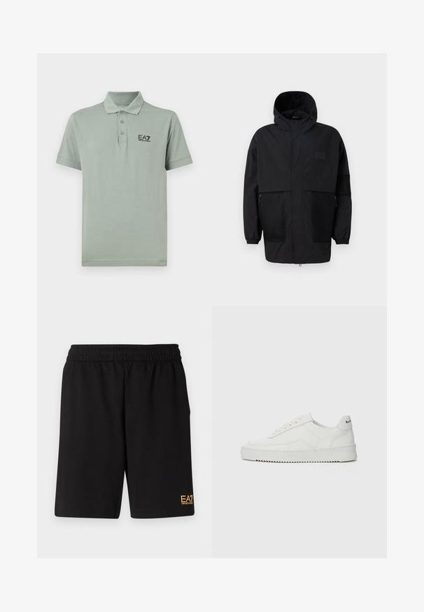 Casaco preto com capuz, feito de um tecido leve, apresentando painéis de malha, um fecho éclair frontal e punhos elásticos para um ajuste ajustável.; Camisa polo de cor verde claro, de mangas curtas, com pala de três botões e um logo EA7 em preto bordado no lado esquerdo do peito. Tecido de algodão suave.; Calções desportivos pretos feitos de um tecido suave, com um cós elástico e um pequeno logótipo amarelo EA7 na parte inferior da perna esquerda.; Sapatilha de couro branco com acabamento suave, bico redondo, atacadores planos e uma sola texturizada. Apresenta um logotipo discreto no calcanhar.