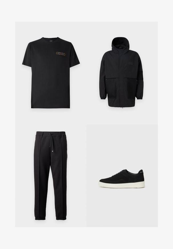 Black hooded jacket made from lightweight fabric, featuring mesh panels, a front zipper, and elastic cuffs for adjustable fit.; Black cotton t-shirt with a crew neck and short sleeves. Features a colorful graphic of overlapping rings on the left chest.; Black trousers with a waistband, drawstring, and elastic cuffs. Features pleats and a smooth, textured fabric.; Black suede sneaker with lace-up design and contrasting white rubber sole. Features textured side panels and subtle branding on the heel.