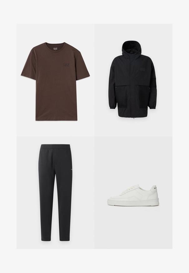 Fekete kapucnis dzseki, könnyű anyagból készült, hálós panelek, elülső cipzár és állítható illeszkedést biztosító rugalmas mandzsetták jellemzik.; Barna pamut póló rövid ujjakkal és kerek nyakkivágással. A mellkasán egy kis fekete logó található. Simább textúrája és egyszerű dizájnja van.; Fekete sportnadrág puha anyagból, rugalmas derékpánttal, egyenes szárakkal és egy kis logó részlettel az oldalán.; Fehér bőr sportcipő sima felülettel, kerek orral, lapos fűzőkkel és texturált talppal. Finom logó található a sarokon.