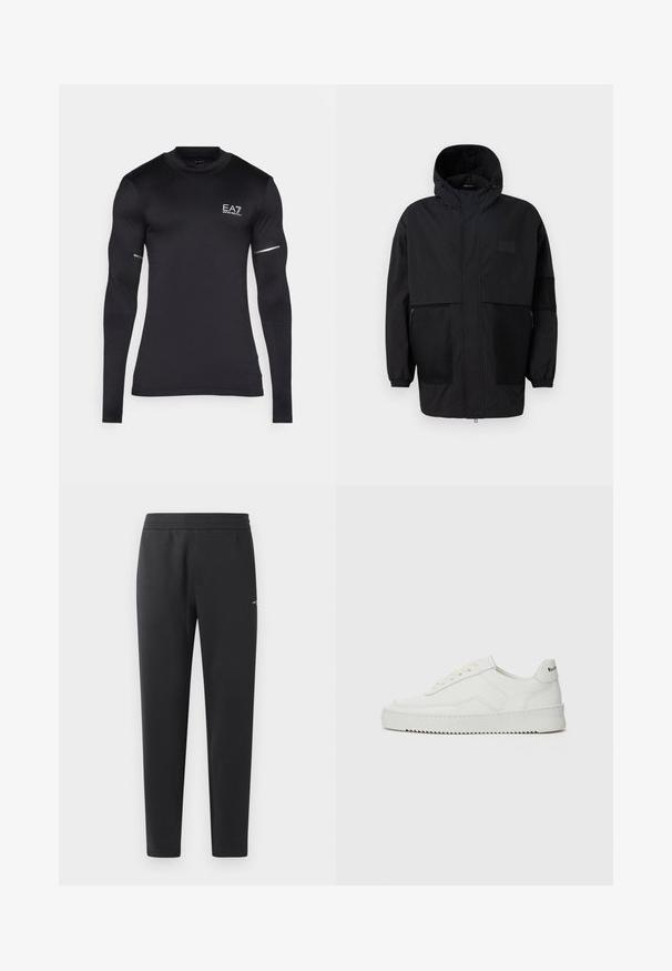 Juodas gobtuvu džemperis, pagamintas iš lengvo audinio, turi tinklinės juosteles, priekinį užtrauktuką ir elastingus rankogalius, leidžiančius pritaikyti dydį.; Juodas ilgomis rankovėmis sportinis marškinėlis, pagamintas iš tamprios sintetinės medžiagos. Puošia EA7 logotipas, tekstūruoti akcentai ant rankovių ir atspindinčios detalės.; Juodos sportinės kelnės, pagamintos iš minkštos medžiagos, su elastinga juosmeniu, tiesiomis kojomis ir nedideliu logotipo akcentu šone.; Balti odiniai sportiniai bateliai su lygia apdaila, apvaliu pirštu, plokščiais raišteliais ir tekstūruotu padu. Pasižymi subtiliu logotipu ant kulno.
