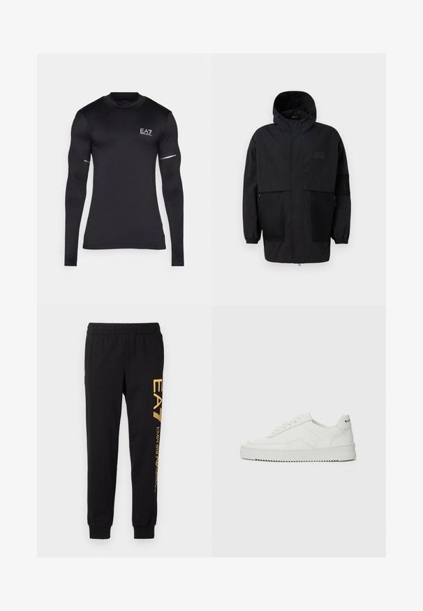 Melnā kapučjaka, kas izgatavota no viegla auduma, ar acs paneļiem, priekšējo rāvējslēdzēju un elastīgām aprocēm, kas nodrošina regulējamu piegulšanu.; Melna garām piedurknēm sporta krekls, izgatavots no elastīgas sintētiskās auduma. Ar EA7 logotipu, teksturētām akcentācijām uz piedurknēm un atstarotājiem.; Melnas sporta bikses no mīksta auduma ar elastīgu jostu un aprocēm potītēs. Dzeltena apzīmējuma druka vertikāli kreisajā kājā.; Baltas ādas sneakers ar gludu virsmu, apaļu pirkstu daļu, plakaniem šņorēm un teksturētu zoli. Satur diskrētu logotipu uz papēža.