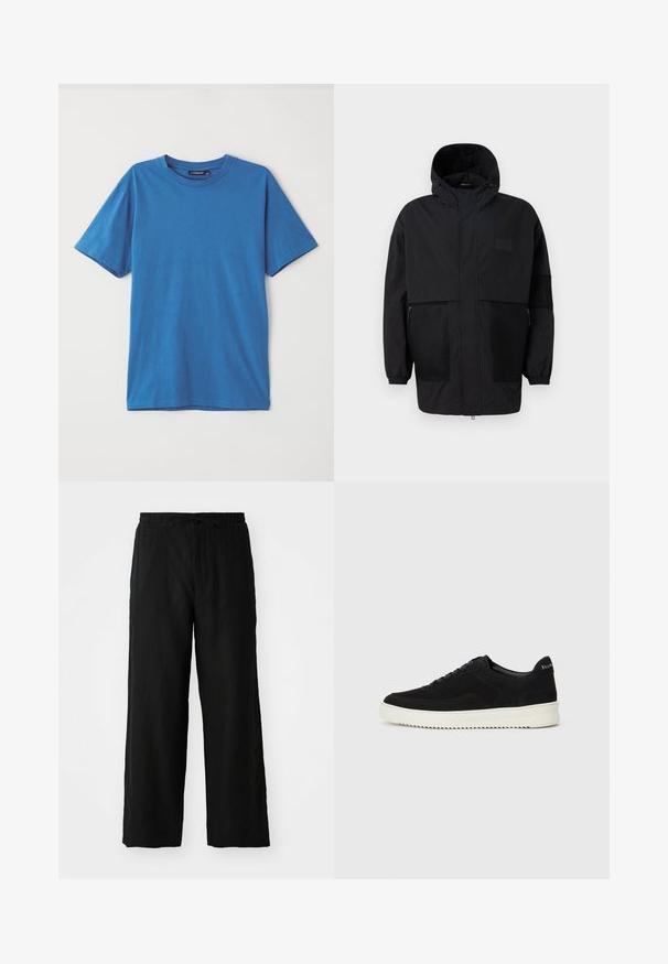 Crna kapuljača od laganog materijala, s mrežastim panelima, prednjim zatvaračem i elastičnim manžetama za prilagodljivu veličinu.; Plava pamučna majica kratkih rukava, kružnog izreza i glatke teksture. Bez uzoraka ili akcenta. Jednostavan, klasičan dizajn.; Crne široke hlače napravljene od laganog materijala, s elastičnim pojasom i vezicom, bez vidljivih džepova ili uzoraka.; Crne nubuk tenisice s vezanjem i kontrastnom bijelom gumenom potplatom. Imaju teksturirane bočne panele i suptilno brendiranje na peti.