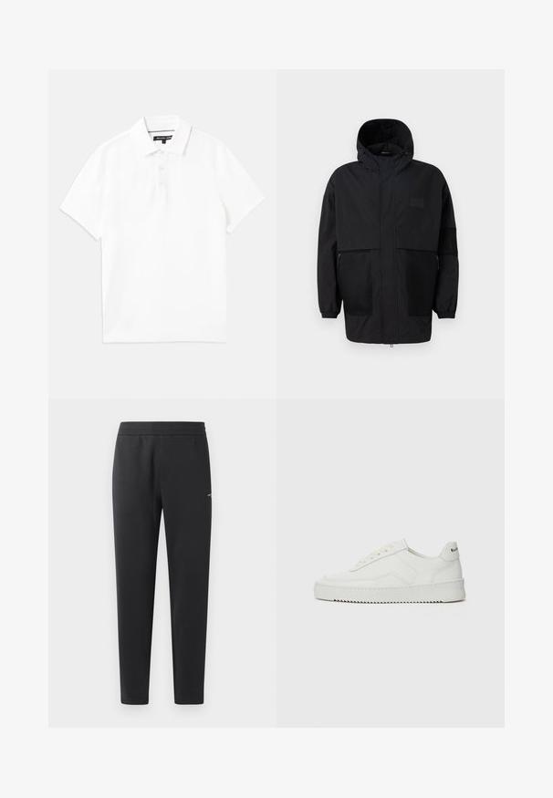 Musthave musta kapuutsiga jakk, mis on valmistatud kergest kangast, koos võrgupaneelide, ees oleva tõmbluku ja elastsete mansettidega kohandatava sobivuse jaoks.; Valge polo särk, mis on valmistatud hingavast puuvillasegust, millel on krae, lühikesed varrukad ja kolme nupuga tõmblukk. Sile tekstuur, ilma mustriteta.; Mustad jogger pants pehmest kangast, millel on elastne vöökoht, sirged sääred ja üks väike logodetail küljel.; Valge nahast tennis, millel on sile põhi, ümar varvas, lamedad nöörid ja tekstuuriline tall. Sisaldab diskreetset logo kontsaribal.