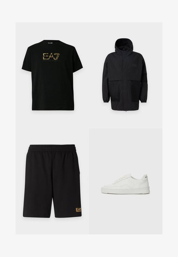 Melnā kapučjaka, kas izgatavota no viegla auduma, ar acs paneļiem, priekšējo rāvējslēdzēju un elastīgām aprocēm, kas nodrošina regulējamu piegulšanu.; Melns īsroku T-krekls ar zeltītu EA7 Emporio Armani logotipu centrā uz krūtīm, vienkāršā baltā fonā.; Melnas sporta šortus, kas izgatavoti no mīksta auduma, ar elastīgu jostu un mazu dzeltenu EA7 logo zem kreisā kājas stūra.; Baltas ādas sneakers ar gludu virsmu, apaļu pirkstu daļu, plakaniem šņorēm un teksturētu zoli. Satur diskrētu logotipu uz papēža.