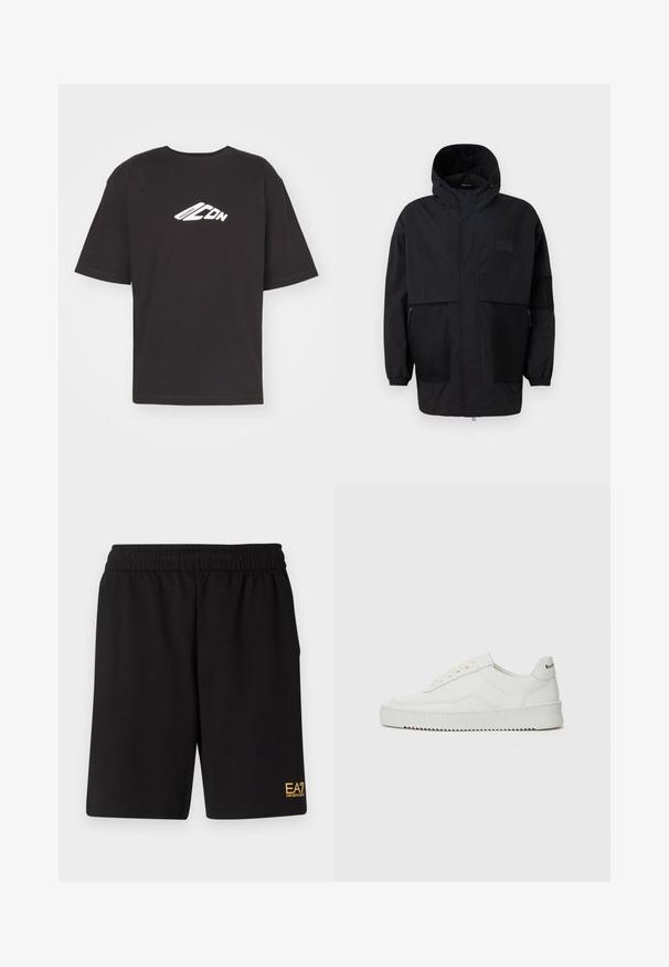 Black hooded jacket made from lightweight fabric, featuring mesh panels, a front zipper, and elastic cuffs for adjustable fit.; Black short-sleeved T-shirt made of cotton, featuring a white graphic logo on the front, round neckline, and straight hem.; Black athletic shorts made of soft fabric,Featuring an elastic waistband and a small yellow EA7 logo on the lower left leg.; White leather sneaker with a smooth finish, round toe, flat laces, and a textured sole. Features a subtle logo on the heel.