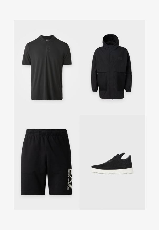 Svart hettejakke laget av lettvektig stoff, med mesh-paneler, en front glidelås og elastiske mansjetter for justerbar passform.; Svart kortermet polo skjorte laget av glatt stoff, med stående krage og delvis glidelås, samt en subtil logo på brystet.; EA7 Emporio Armani TRAIN VISIBILITY - Shorts - black/cream; Sorte semskede sneakers med hvit gummisåle, med tonale sømmer og snøring. Glatt tekstur med en moderne, strømlinjeformet form.