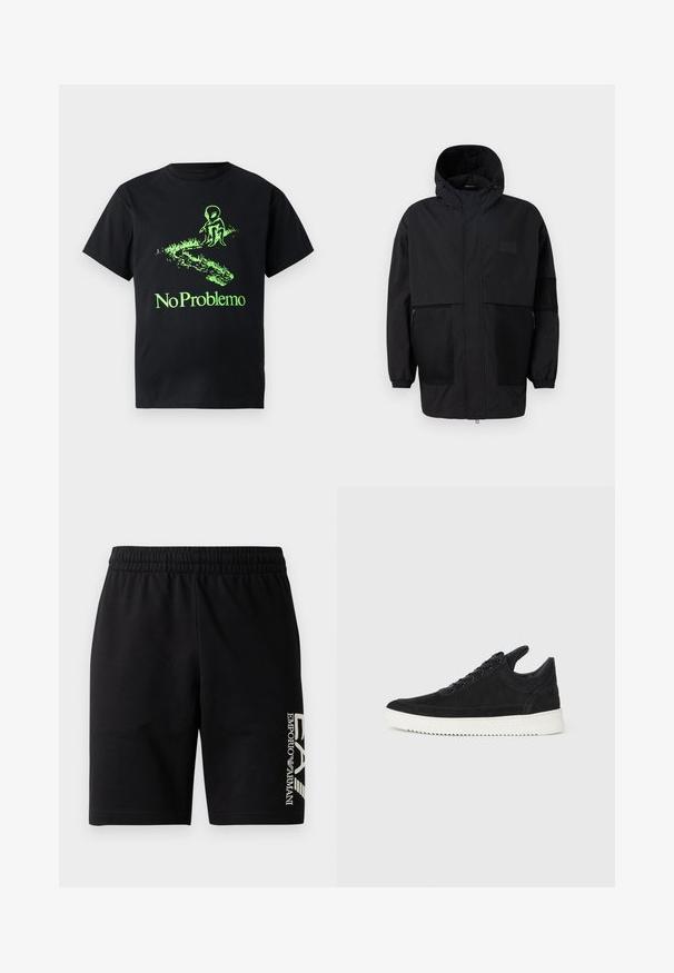 Černá kapucňová bunda vyrobená z lehké tkaniny, s síťovinovými panely, předním zipem a elastickými manžetami pro nastavitelné přizpůsobení.; Černé bavlněné tričko s grafickým motivem zeleného mimozemšťana a textem "Žádný problém", s uvolněným střihem a krátkými rukávy.; EA7 Emporio Armani TRAIN VISIBILITY - Šortky - black/cream; Černé semišové tenisky s bílou gumovou podrážkou, s tónovým prošitím a šněrováním. Hladký povrch s moderním, aerodynamickým tvarem.