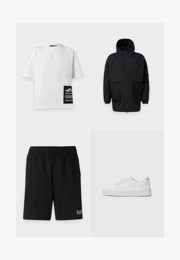Sort hættetrøje lavet af letvægtsstof, med mesh-paneler, en frontlynlås og elastiske manchetter for justerbar pasform.; Hvid bomulds T-shirt med rund hals, korte ærmer og et sort mærke med logo og tekst i nederste højre hjørne.; Sorte atletiske shorts lavet af blødt stof, med en elastisk talje og et lille gult EA7-logo nederst på venstre ben.; Hvide lædersneakers med en glat overflade, rund tå, flade snørebånd og en tekstureret sål. Har et diskret logo på hælen.