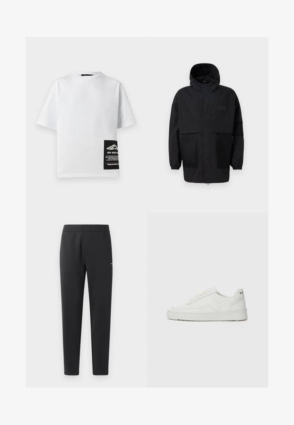 Zwarte capuchonjas gemaakt van lichtgewicht stof, met meshpanelen, een voorrits en elastische manchetten voor een verstelbare pasvorm.; Witte katoenen T-shirt met een ronde hals, korte mouwen, en een zwart label met logo en tekst in de rechteronderhoek.; Zwarte joggingsbroek gemaakt van zachte stof, met een elastische tailleband, rechte pijpen en een klein logo detail aan de zijkant.; Witte leren sneaker met een gladde afwerking, ronde neus, platte veters en een gestructureerde zool. Kenmerkt zich door een subtiel logo op de hiel.
