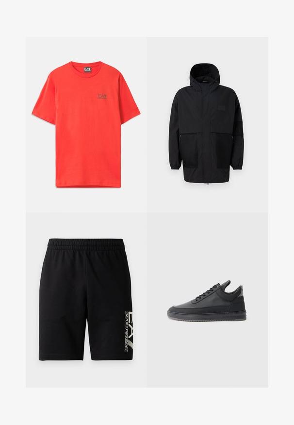Črna kapuča jakna iz lahkega materiala, ki ima mrežaste panele, sprednje zadrgo in elastične manšete za prilagodljiv fit.; Rdeča bombažna majica s kratkimi rokavi, ki ima na levem delu prsnega koša majhen črn logotip EA7, klasičen kroj ovratnika.; EA7 Emporio Armani TRAIN VISIBILITY - Kratke hlače - black/cream; Črne usnjene superge z teksturirano površino, s sistemom vezanja, nizkim zgornjim delom in sivo gumijasto podplato, ki ima rebrast rob.
