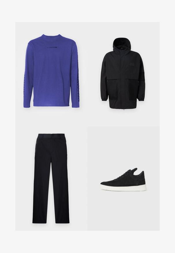 Black hooded jacket made from lightweight fabric, featuring mesh panels, a front zipper, and elastic cuffs for adjustable fit.; Long-sleeve purple t-shirt made of cotton, featuring a round neck and a patterned accent along the sleeves with a logo on the chest.; Black trousers featuring a lightweight, textured fabric, straight-leg design, elastic waistband, and side zip pockets.; Black suede sneaker with a white rubber sole, featuring tonal stitching and lace-up design. Smooth texture with a modern, streamlined shape.