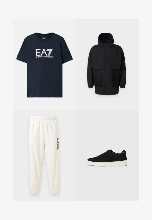 Črna kapuča jakna iz lahkega materiala, ki ima mrežaste panele, sprednje zadrgo in elastične manšete za prilagodljiv fit.; Modra bombažna majica s kratkimi rokavi in okroglim izrezom. Ima izstopajoč bel logo EA7 Emporio Armani na sprednji strani.; Svetlosivi nedeljni hlače s elastičnim pasom in elastičnimi manšeti. Na levi nogi ima črn natisnjen logotip. Mehka tekstura tkanine.; Črni semiš teniški copati z vezalkami in kontrastnim belim gumijastim podplatom. Imajo teksturirane stranske panele in subtilno oznako na peti.