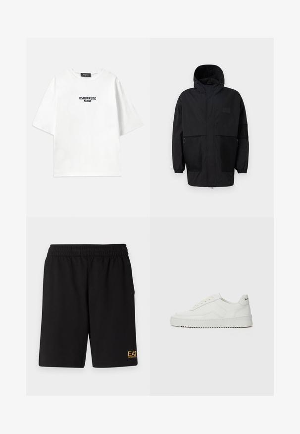Musthave musta kapuutsiga jakk, mis on valmistatud kergest kangast, koos võrgupaneelide, ees oleva tõmbluku ja elastsete mansettidega kohandatava sobivuse jaoks.; Dsquared2 LOOSE FIT TEE - Trükipildiga T-särk - white/dark navy; Mustad mustad lühikesed püksid, mis on valmistatud pehmest kangast. Omavad elastset vöökohta ja väikest kollast EA7 logo vasakul jalal.; Valge nahast tennis, millel on sile põhi, ümar varvas, lamedad nöörid ja tekstuuriline tall. Sisaldab diskreetset logo kontsaribal.