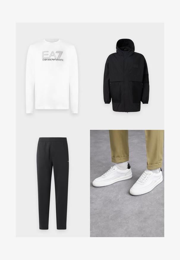 Black hooded jacket made from lightweight fabric, featuring mesh panels, a front zipper, and elastic cuffs for adjustable fit.; White long-sleeve t-shirt made of cotton. Features embroidered "EA7" logo in black, with "EMPORIO ARMANI" text below. Simple crew neckline.; Black jogger pants made of soft fabric, featuring an elastic waistband, straight legs, and a single small logo detail on the side.; White sneakers with a textured leather finish, rounded toe, and black heel accent. Rubber sole with small tread pattern and stitched detail.