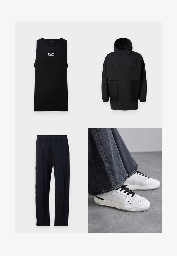 Černá kapucňová bunda vyrobená z lehké tkaniny, s síťovinovými panely, předním zipem a elastickými manžetami pro nastavitelné přizpůsobení.; Černé bezrukávové tílko s kulatým výstřihem. Na hrudi má bílé logo EA7 Emporio Armani. Vyrobeno z hladkého materiálu.; Černé, zúžené kalhoty s elastickým pasem, které mají dvě boční kapsy a bílý pruh běžící podél vnější strany nohy. Hladký materiál.; Bílé tenisky s černými tkaničkami a síťovinou. Mají hladký kožený svršek a texturovanou gumovou podrážku. Doplňují je široké šedé džíny.