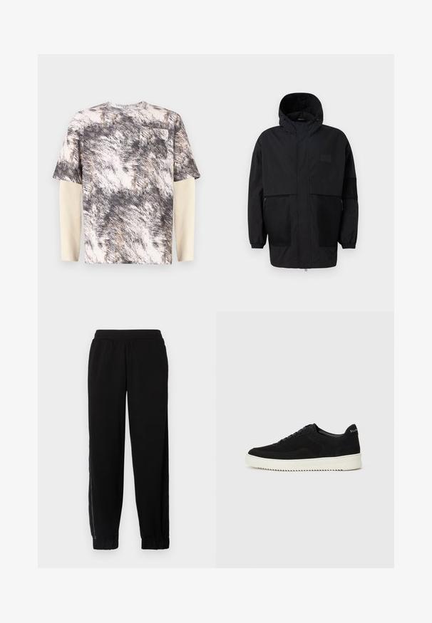 Czarna kurtka z kapturem, wykonana z lekkiego materiału, z siateczkowymi panelami, z zamek błyskawicznym z przodu oraz elastycznymi mankietami dla regulowanego dopasowania.; Koszula z krótkim rękawem w szaro-beżowy abstrakcyjny wzór teksturowany, z kieszonką na piersi oraz warstwowymi długimi rękawami w prążkowanej fakturze.; Czarne dresowe spodnie wykonane z miękkiego materiału, z elastycznym pasem, mankietami u dołu oraz bocznymi panelami z siatki dla lepszej wentylacji.; Czarne zamszowe sneakersy z designem na sznurówki i kontrastującą białą gumową podeszwą. Posiadają teksturowane boczne panele oraz subtelne logo na pięcie.