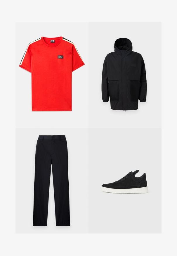 Svart hettejakke laget av lettvektig stoff, med mesh-paneler, en front glidelås og elastiske mansjetter for justerbar passform.; Rød bomulls T-skjorte med rund hals, med en liten svart EA7-logo på brystet og kontrasterende svarte og beige striper på ermene.; Sorte bukser med lett og teksturert stoff, rett ben-design, elastisk midjebånd og sidelommer med glidelås.; Sorte semskede sneakers med hvit gummisåle, med tonale sømmer og snøring. Glatt tekstur med en moderne, strømlinjeformet form.