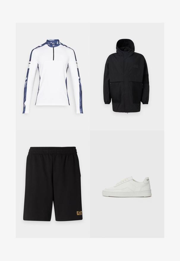 Schwarze Kapuzenjacke aus leichtem Stoff, mit Netzpaneelen, einem Frontreißverschluss und elastischen Bündchen für eine verstellbare Passform.; Langärmliges Sporthemd, weiß mit blauen gemusterten Ärmeln, hohem Kragen und 1/4-Reißverschluss. Verfügt über kontrastierende schwarze Streifen an den Ärmeln.; Schwarze Sportshorts aus weichem Material, mit einem elastischen Bund und einem kleinen gelben EA7-Logo am unteren linken Bein.; Weiße Ledersneaker mit glatter Oberfläche, runder Zehenpartie, flachen Schnürsenkeln und strukturiertem Sohlenprofil. Mit einem dezenten Logo an der Ferse.